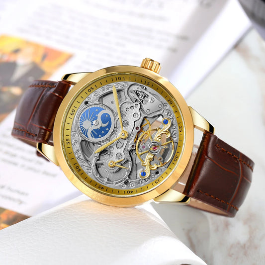 Excellence Fashion Moon Phase Men's Watches Top Brand Luxury Tourbillon Skeleton Automatic Mechanical Watch Brown Leather Belt New