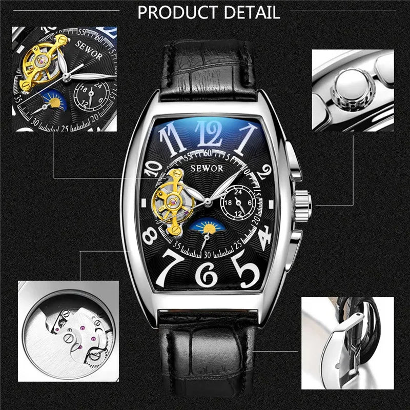 Excellence Luxury Skeleton Automatic Men's Watch Moon Phase Tonneau Tourbillon Mechanical Watches Genuine Leather Strap Luminous Hands