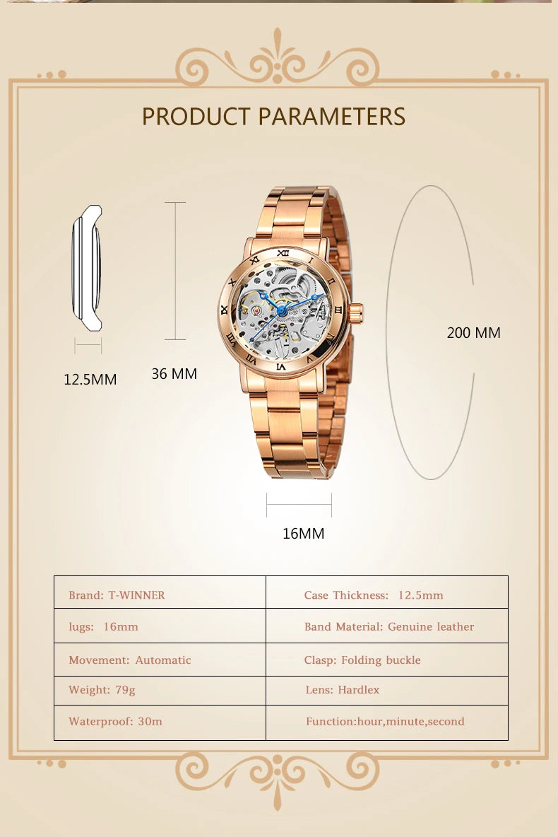 Excellence Skeleton Dial Stainless Steel Exquisite Watch Rose Golden Women Fashion Watch Luxury Brand Waterproof Mechanical movement.