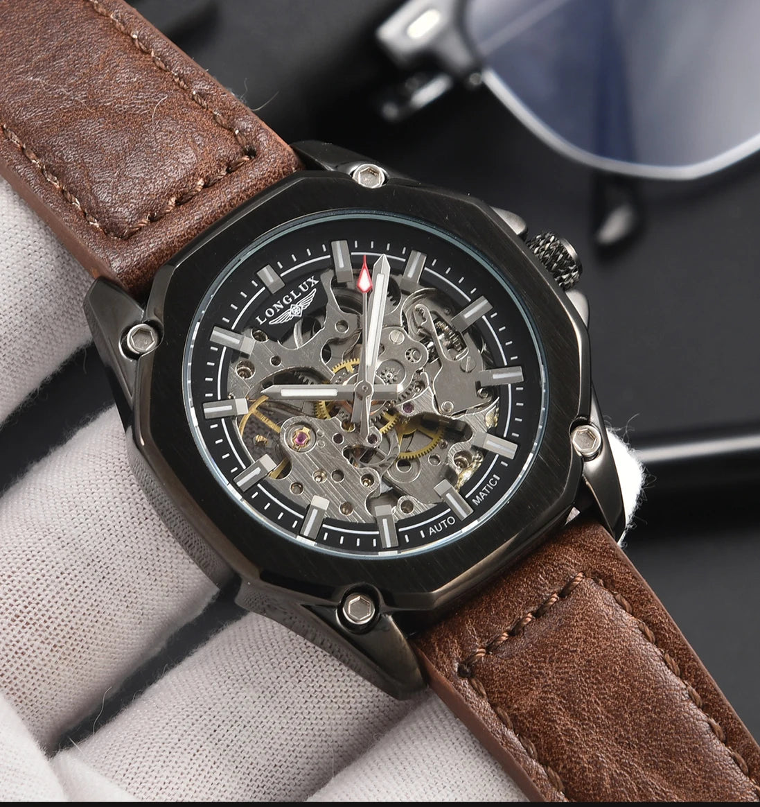 Excellence automatic watch sport style wholesale mechanical wristwatches fashion hollow leather men's watch men gift