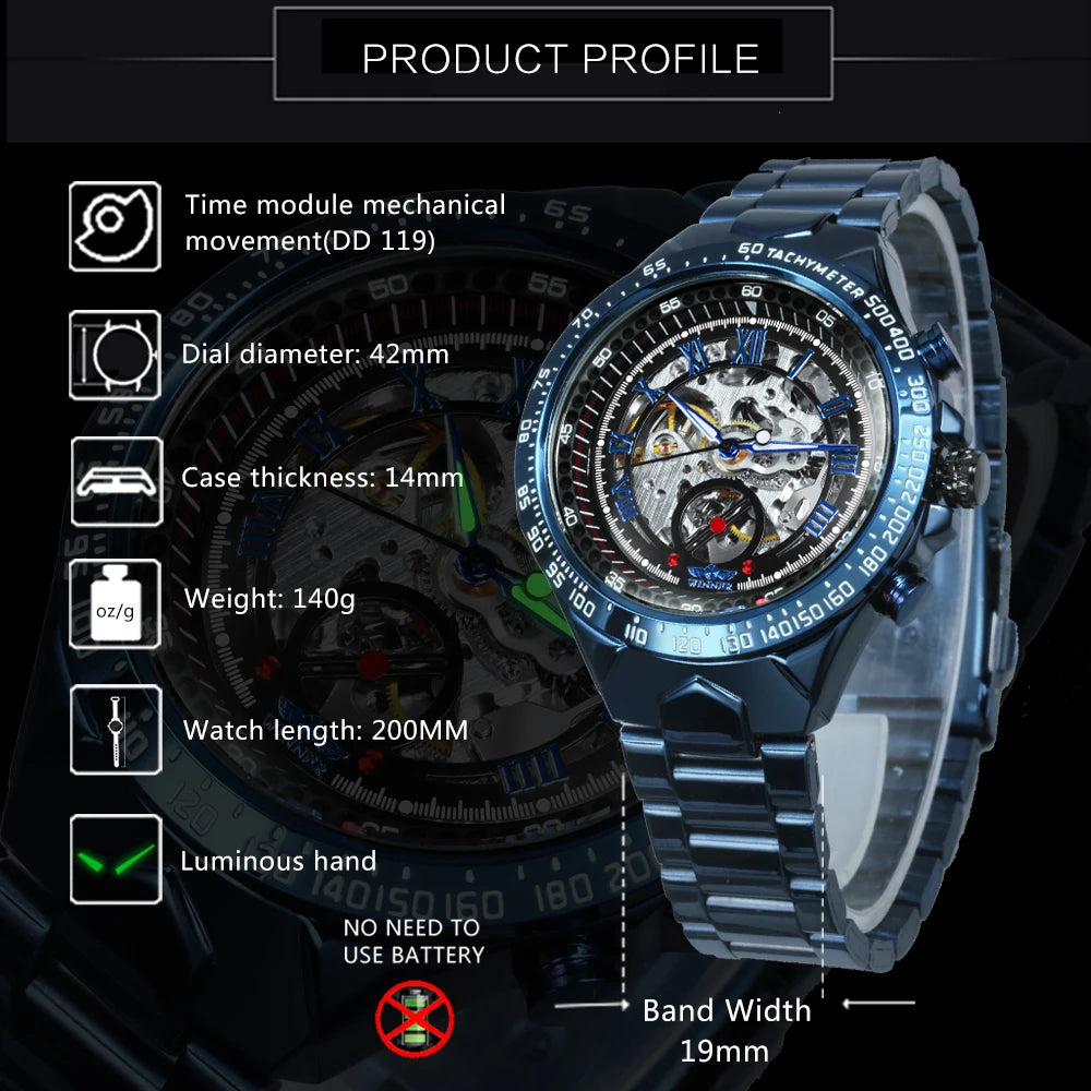 Excellence Gold Transparent Skeleton Automatic Watch for Men Luminous Pointers Luxury Brand Stainless Steel Strap Mechanical Watches