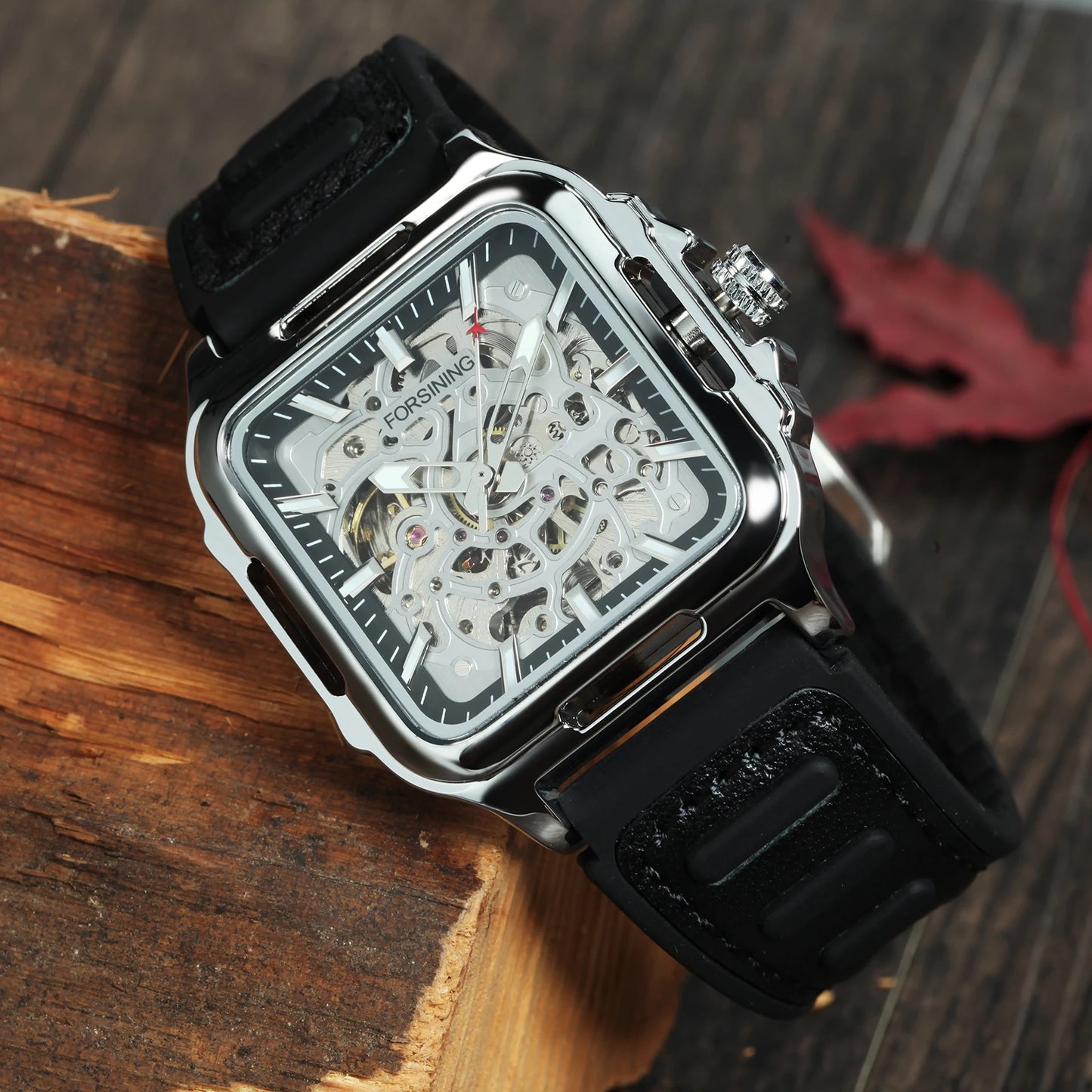 Excellence  Sports Square Automatic Mechanical Watch for Men Fashion Luminous Hand Black Green Rubber Leather Strap Luxury Watch