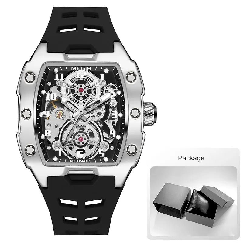 Excellence Sport Automatic Watch Men Waterproof White Silicone Strap Mechanical Wristwatch with Tonneau Hollowed-out Dial