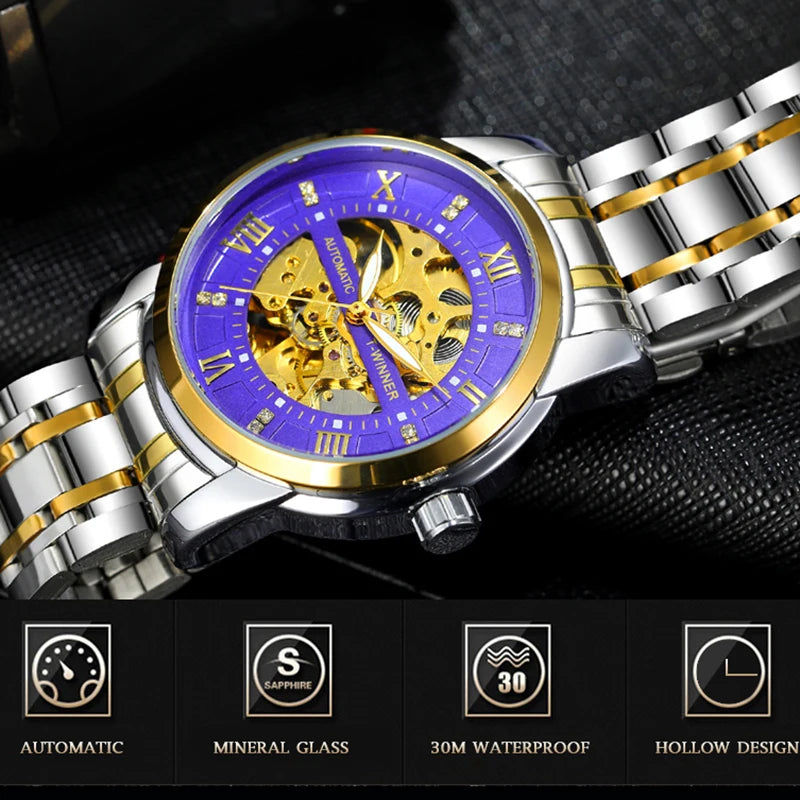 Excellence  Roman scale Skeleton Mechanical Wristwatch Retro Luminous Hands Luxury Brand Cool Men Watches Stainless Steel Waterproof