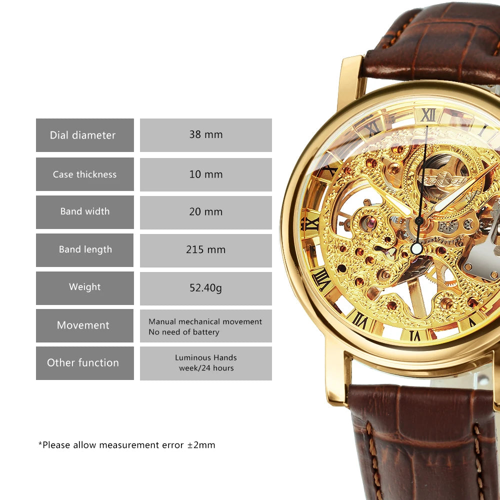 Excellence Transparent Luxury Skeleton Mechanical Watches Casual Leather Strap Gold Watch for Men Luminous Hands Retro Wristwatches