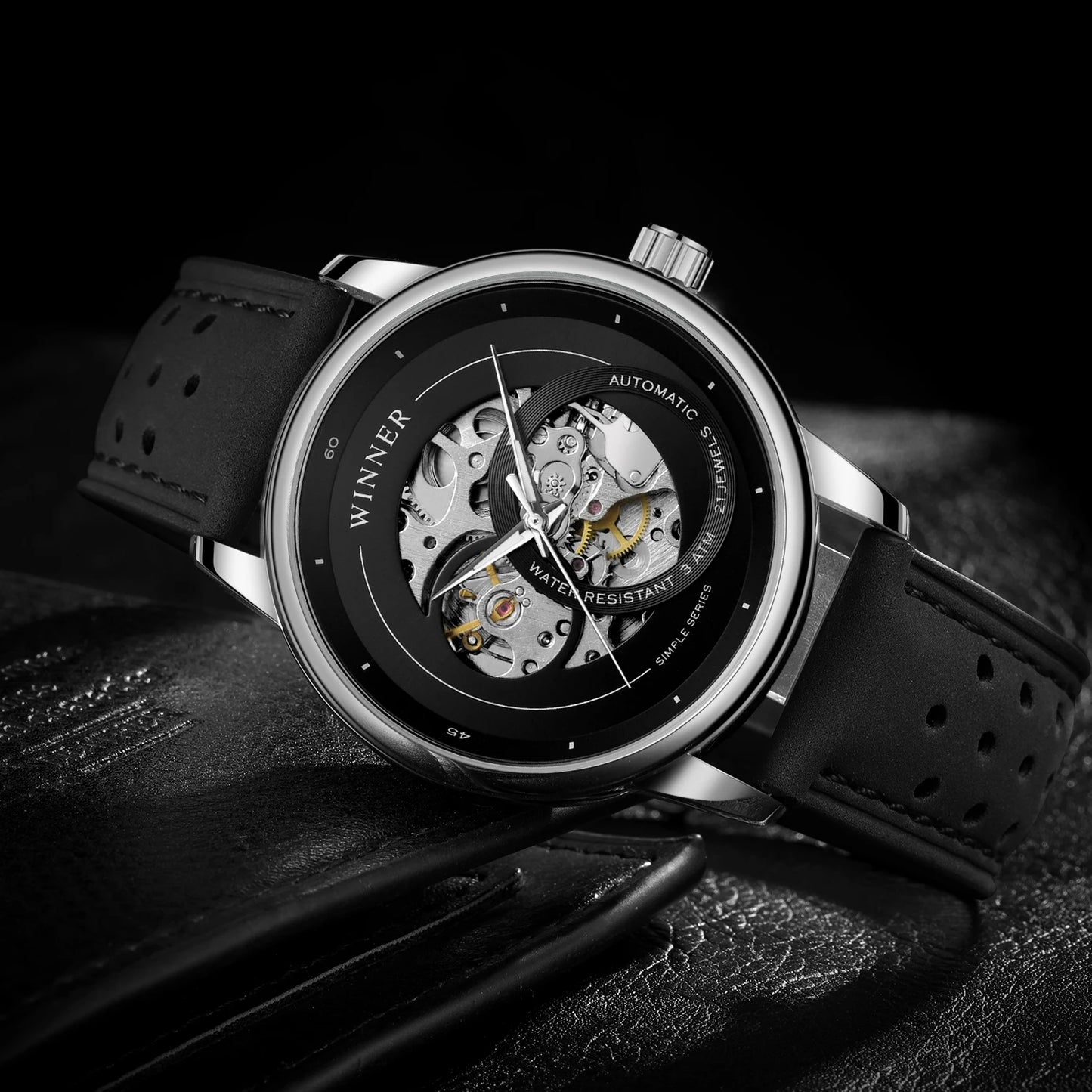 Excellence Original high-quality Transparent Skeleton Mechanical Automatic Watches for men water proof  Leather