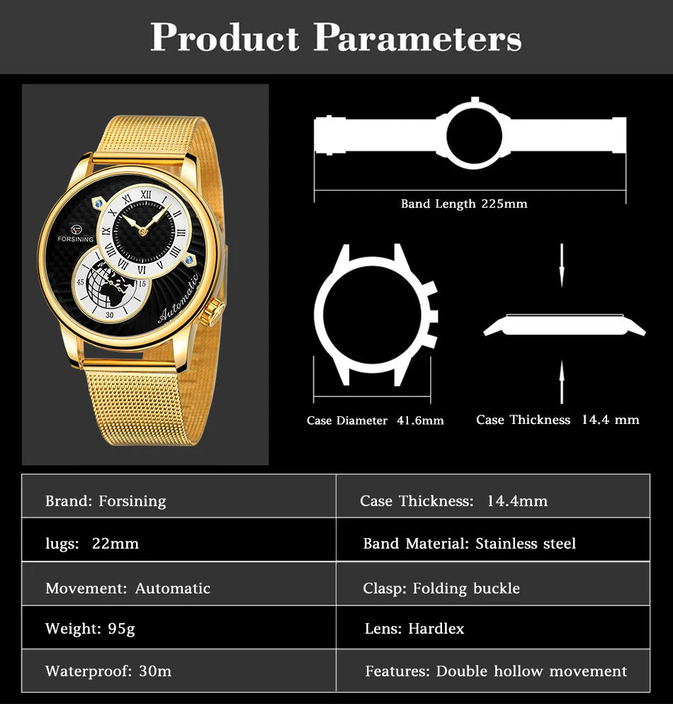 Excellence Earth Image Two Dial Automatic Self-Wind Mechanical Watch Fashion Men watch Waterproof Mesh strap