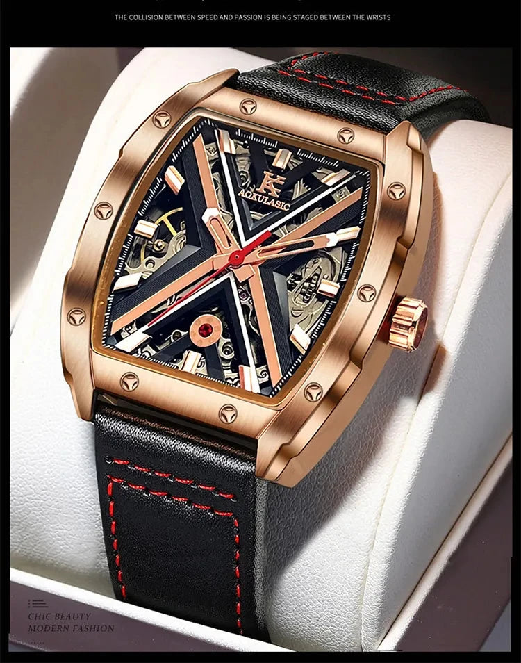 Excellence  Rose Gold Mechanical Watches Luxury Brand Skeleton Automatic Watch for Men Engraved Movement Leather Strap