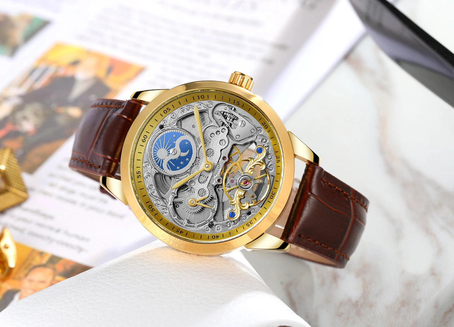 Excellence Moon Phase Skeleton Automatic Watch for Men Luxury Brand Tourbillon Gold Mechanical Watches Brown Leather Strap