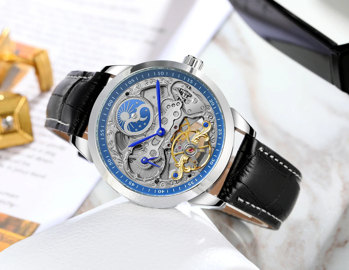 Excellence High-quality Multiple Time Zon Moonphase Tourbillion Automatic Watch Regulator Skeleton Mechanical Watches for men replica