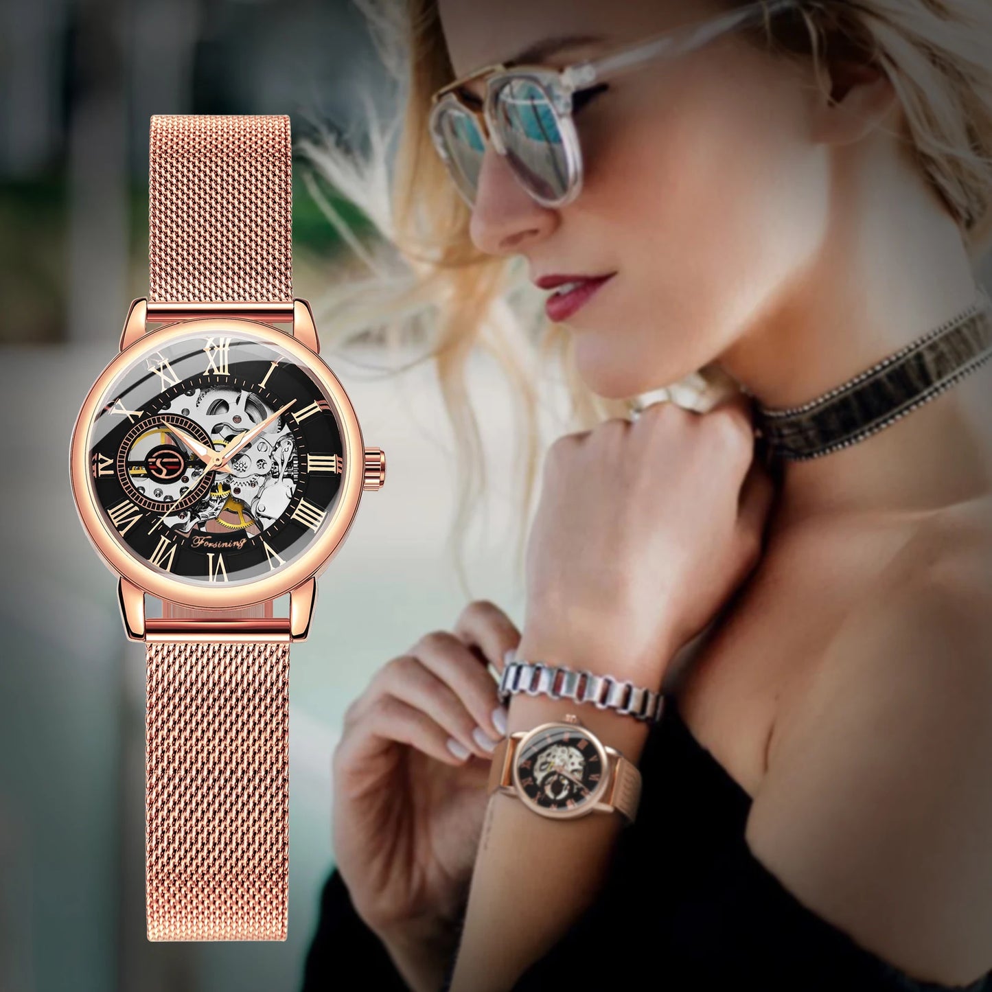 Excellence Rose Gold Skeleton Mechanical Watch for Women Fashion Luminous Hands Elegant Luxury Ladies Watches Mesh Steel Strap