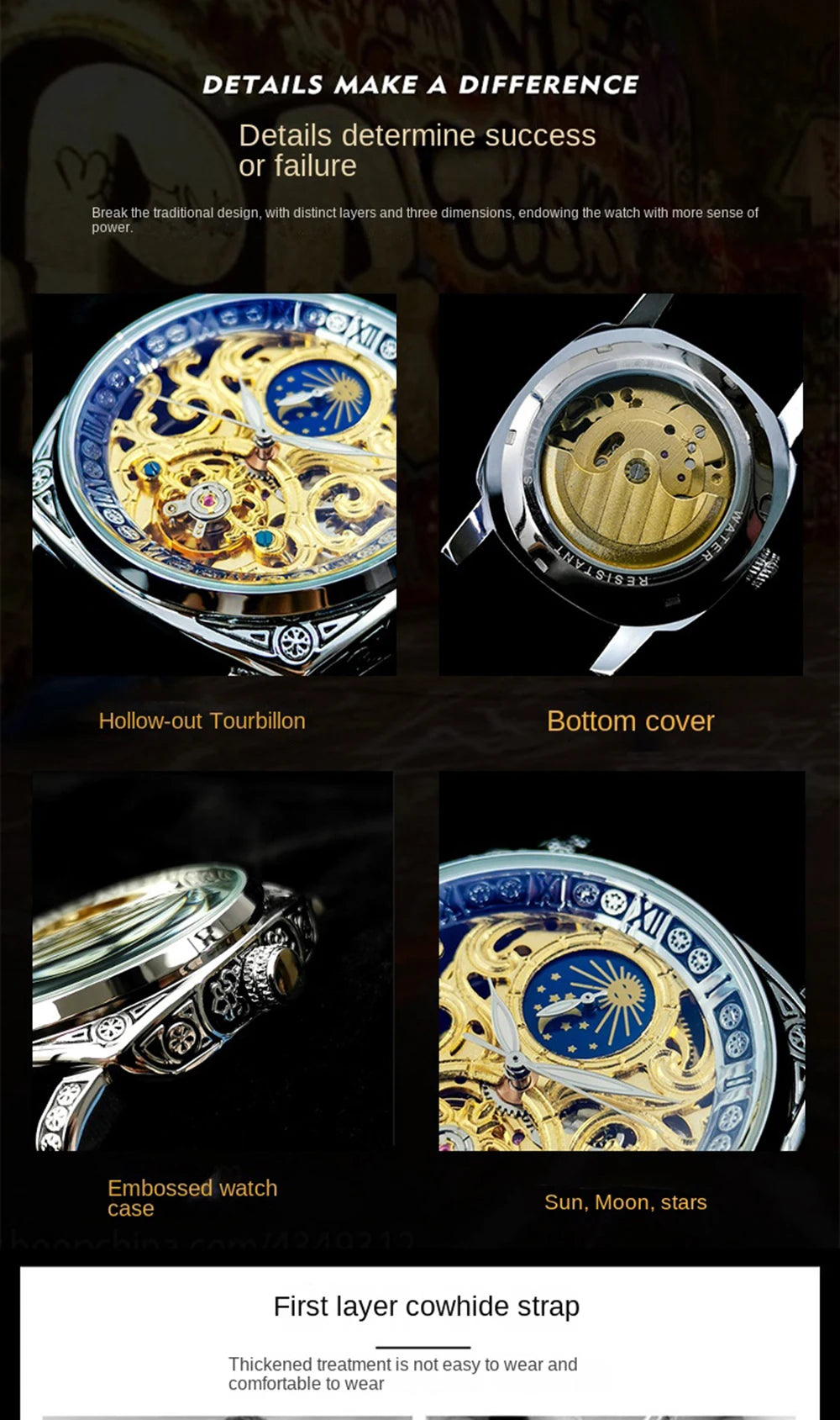 Excellence Mechanical Watches Moon Phase Tourbillon  Gold Automatic Watch for Men Casual Genuine Leather Belt.