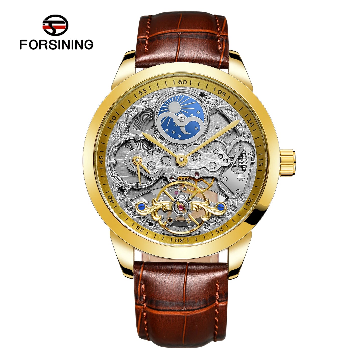 Excellence Fashion Moon Phase Men's Watches Top Brand Luxury Tourbillon Skeleton Automatic Mechanical Watch Brown Leather Belt New