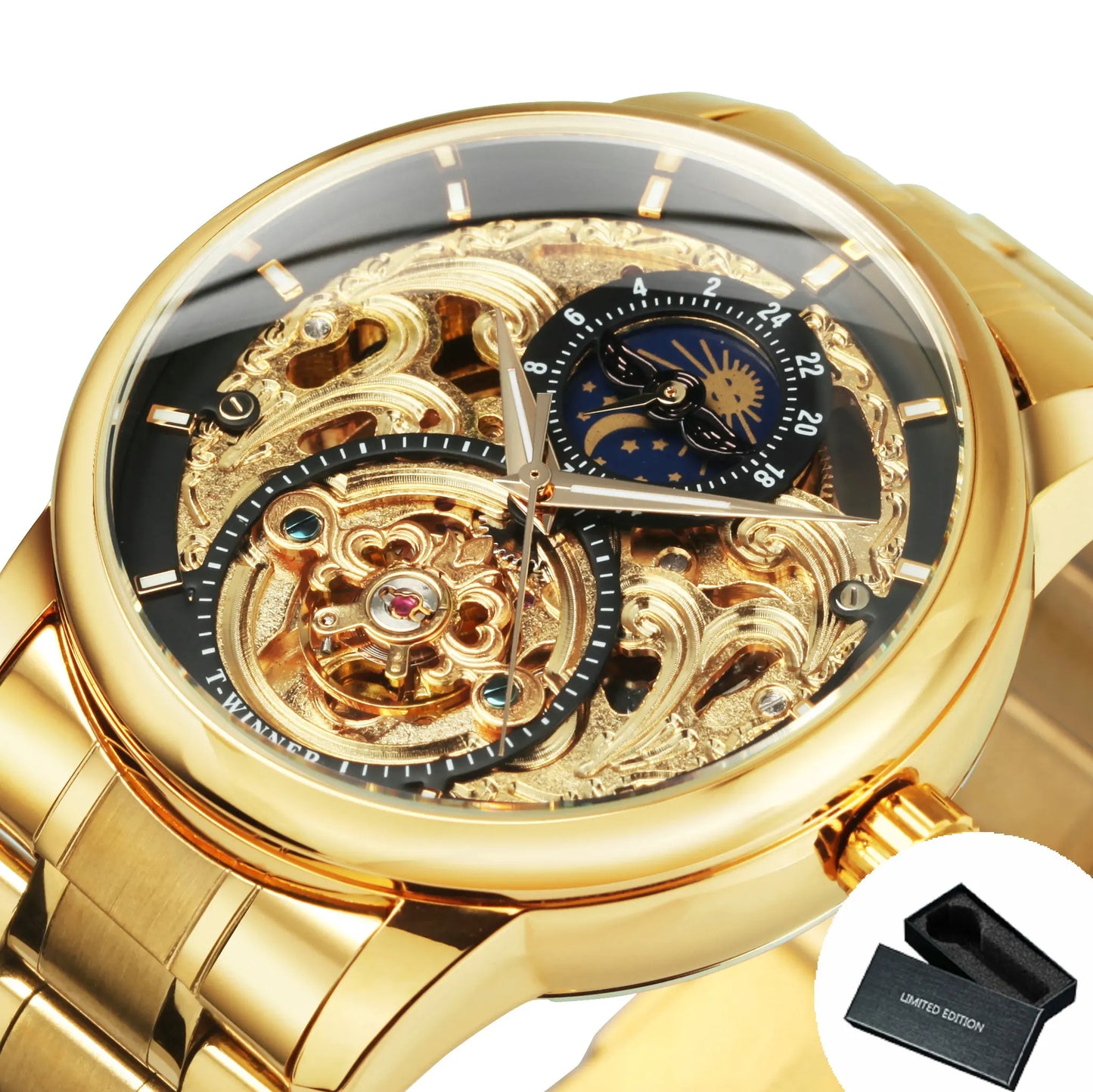 Excellence Moon Phase Watch for Men Luxury Tourbillon Skeleton Automatic Mechanical Watches Casual Genuine Leather Strap