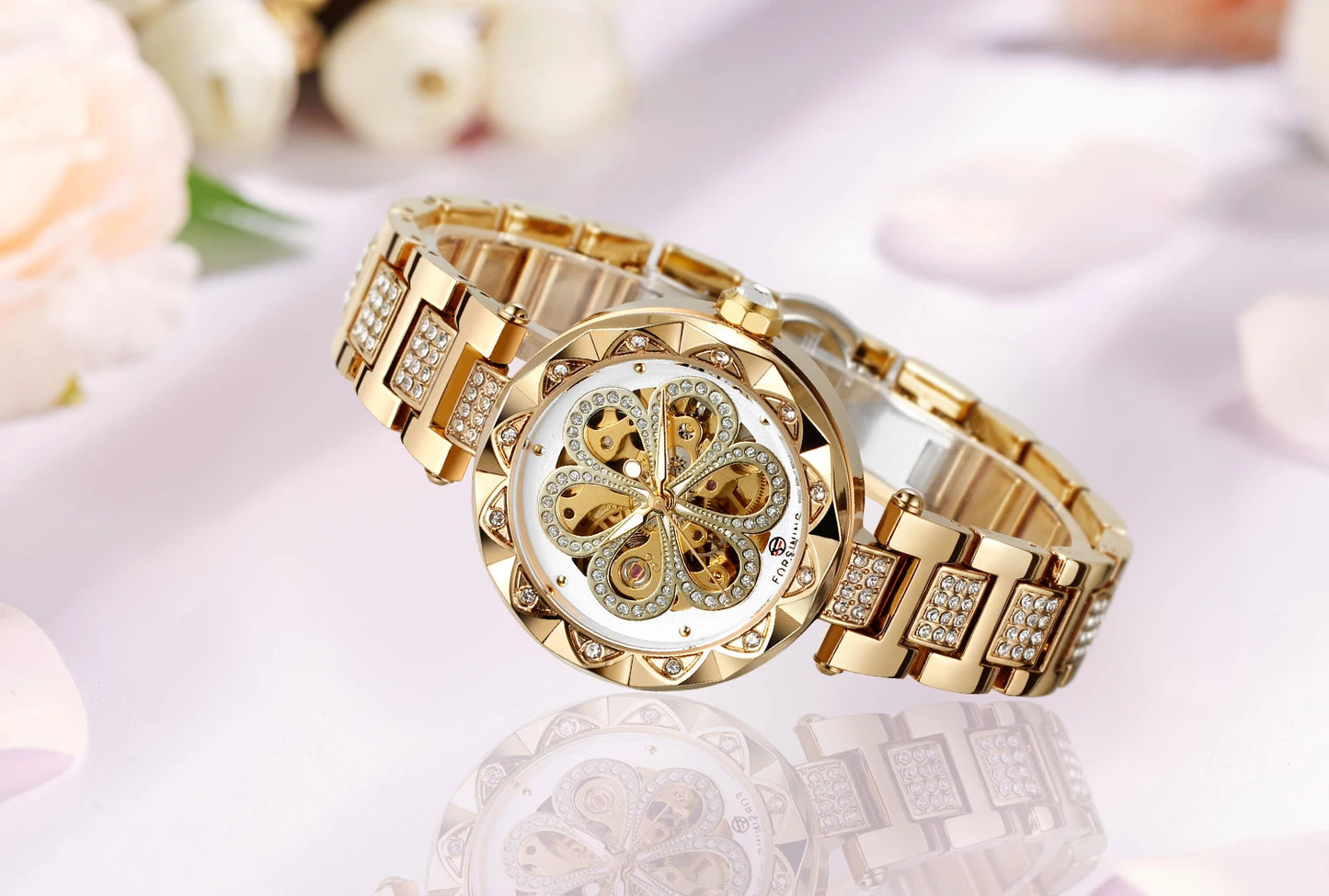 Excellence Skeleton Watch for Women Fashion Classics Diamond Automatic Mechanical Watches Luminous Hands Stainless Steel Strap