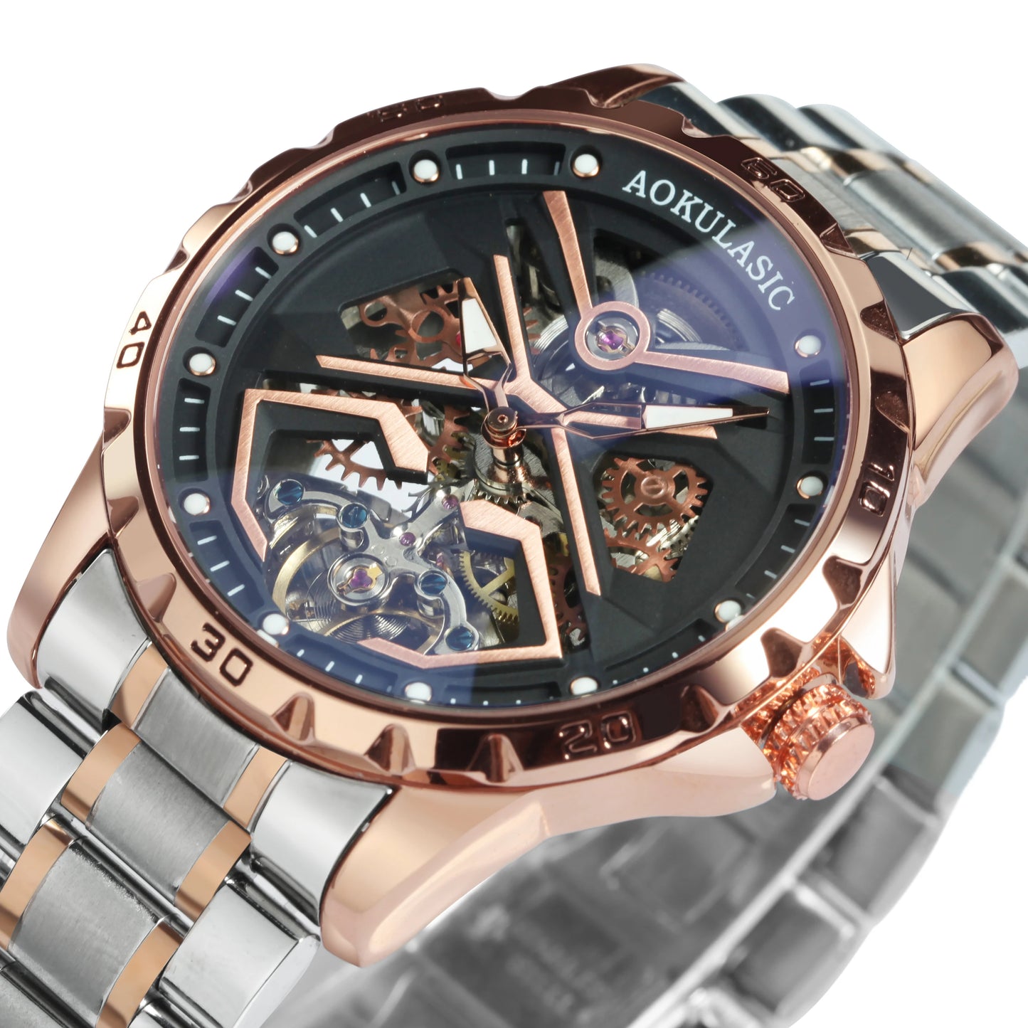 Excellence Fashion Tourbillon Skeleton Mechanical Watches Luminous Hands Rose Gold Automatic Watch for Men Steel Leather Strap