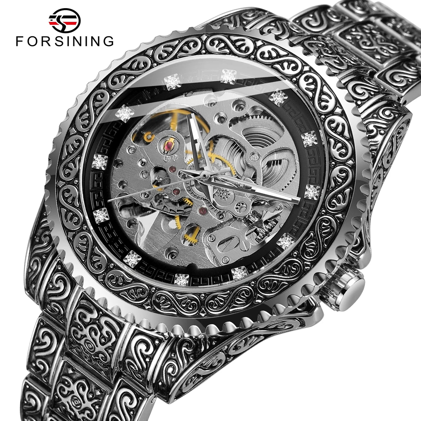 Excellence Luxury Men Automatic Mechanical Wristwatch Waterproof Stainless Steel 3D Diamond Watch Golden Men's watch Vintage