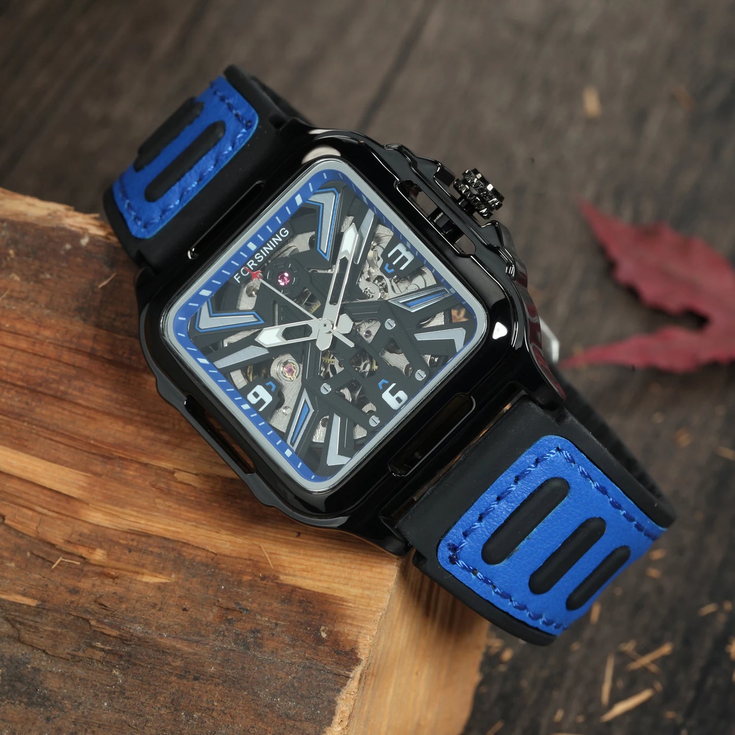 Excellence Gold Black Square Skeleton Automatic Watch for Men Luminous Hands Luxury Sports Mechanical Watches Rubber Leather Band