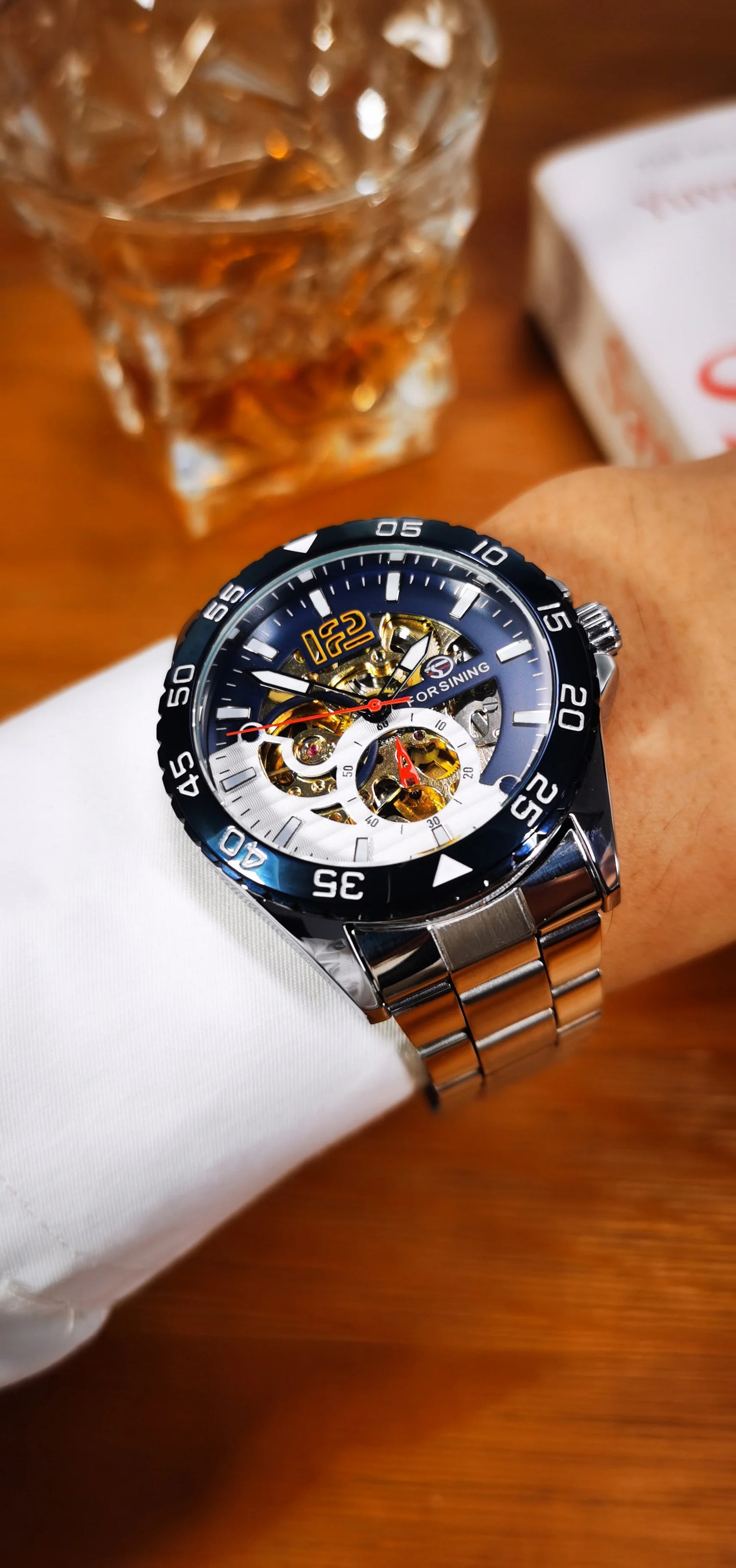 Excellence Skeleton Men's Watch Blue Rotatable Bezel Luxury Automatic Mechanical Watches Stainless Steel Band Wristwatch