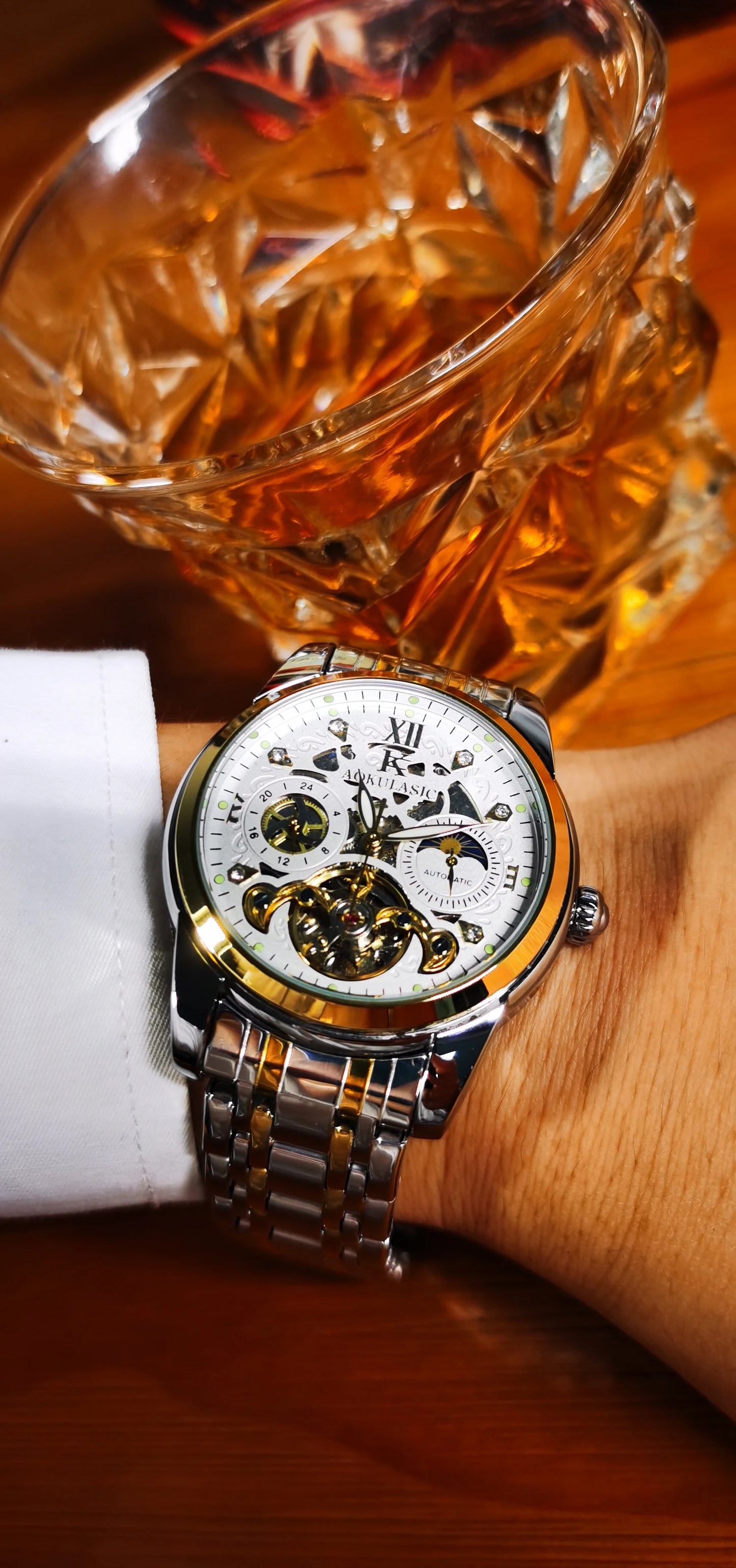 Excellence Luxury Mechanical Watches Moon Phase Fashion Diamond Luminous Hands Tourbillon Skeleton Automatic Men's Watch Steel Strap