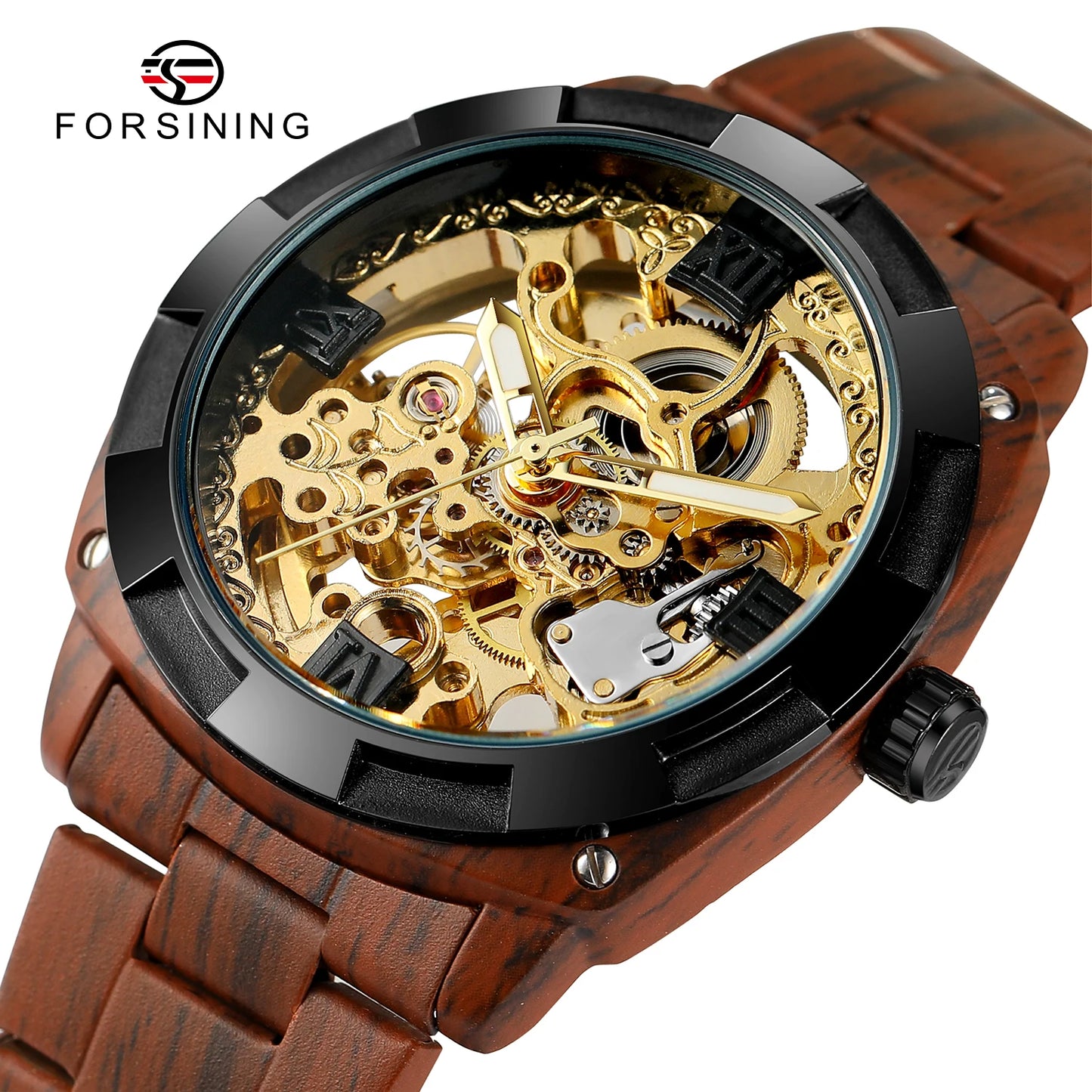 Excellence Skeleton Wristwatches Coffee Imitation Wood Grain Stainless Steel Strip Transparent Automatic Mechanical Watches Men