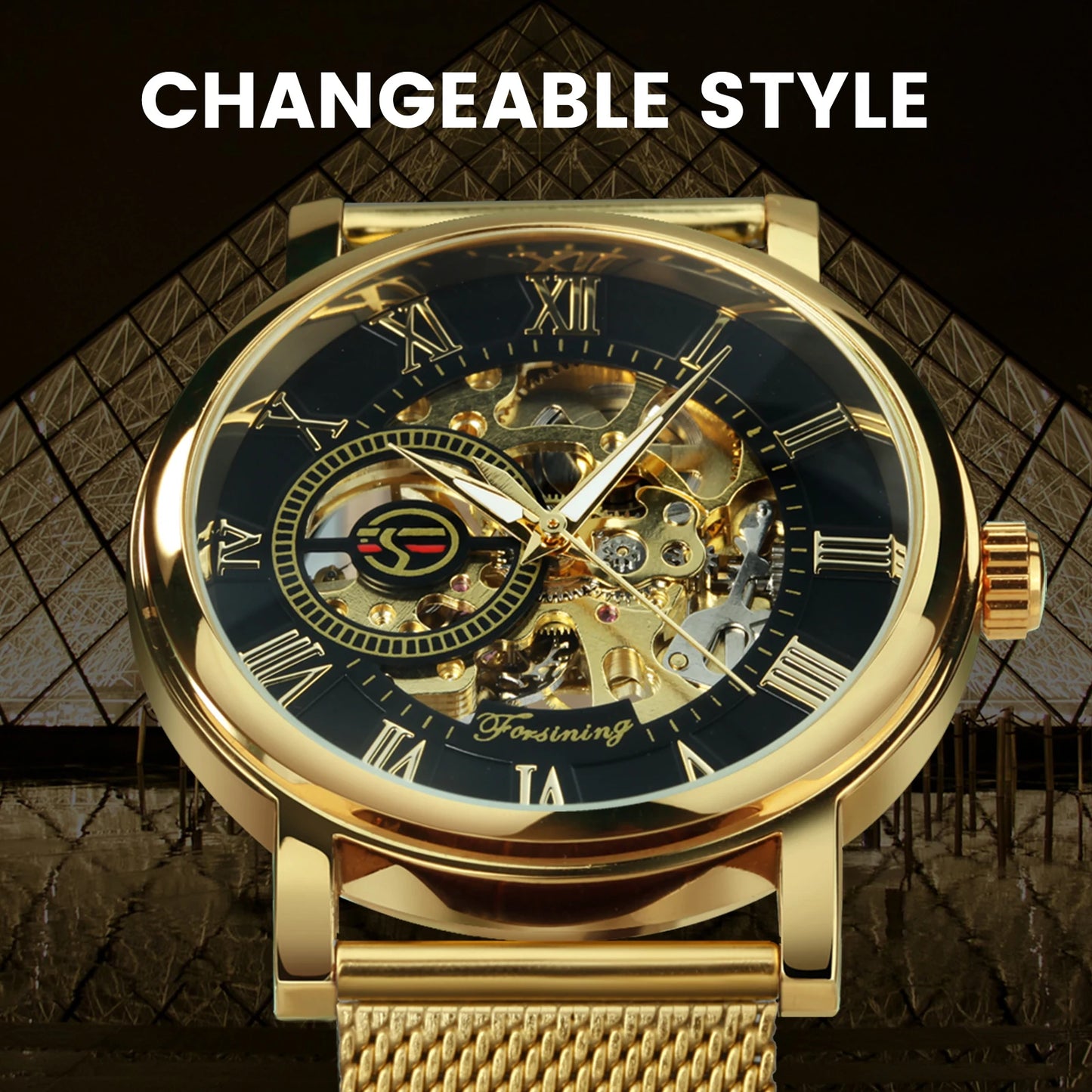 Excellence Classic Gold Mechanical Watch Retro Transparent Skeleton Men's Watches Top Brand Luxury Mesh Stainless Steel Strap Glow