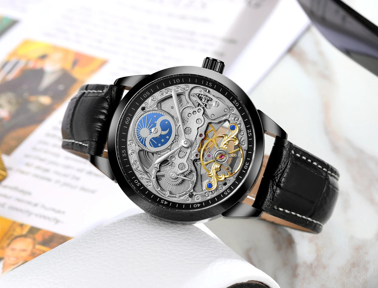 Excellence High-quality Multiple Time Zon Moonphase Tourbillion Automatic Watch Regulator Skeleton Mechanical Watches for men replica