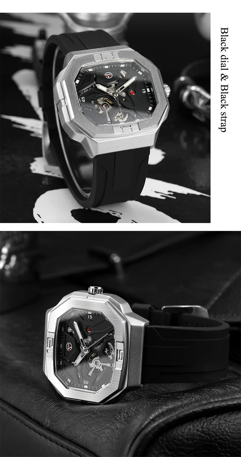 Excellence  Square Skeleton Mechanical Genuine Men Watch Automatic Movement Clock White Sports Waterproof Luxury Male Watches