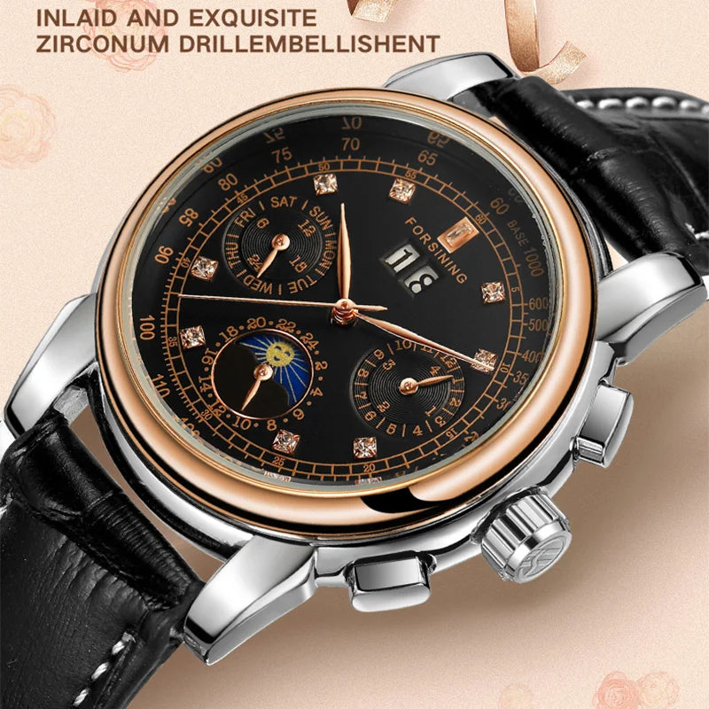 Excellence Women Automatic Mechanical Fashion Luxury Wrist Watches Ladies Diamond Moon Phase Multifunctional.