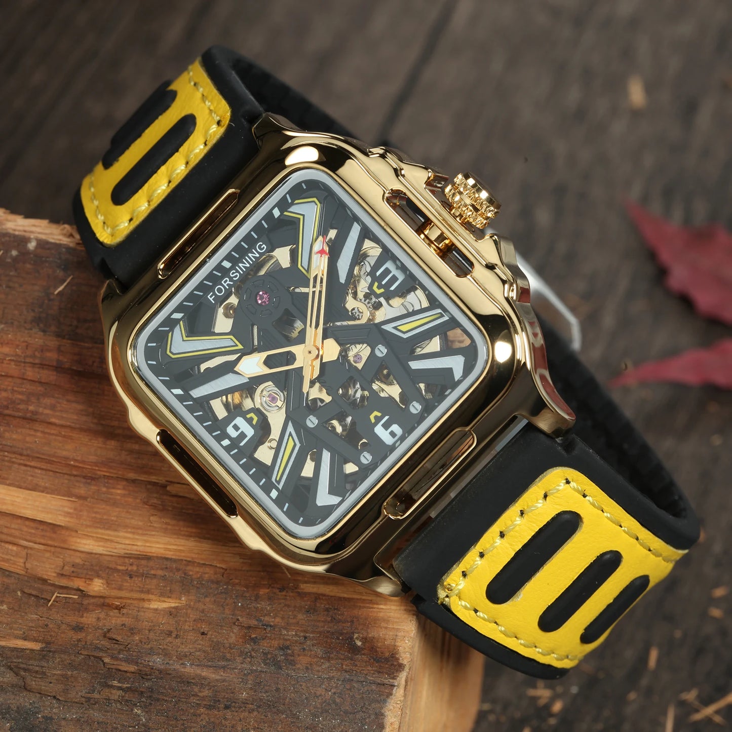 Excellence Gold Black Square Skeleton Automatic Watch for Men Luminous Hands Luxury Sports Mechanical Watches Rubber Leather Band