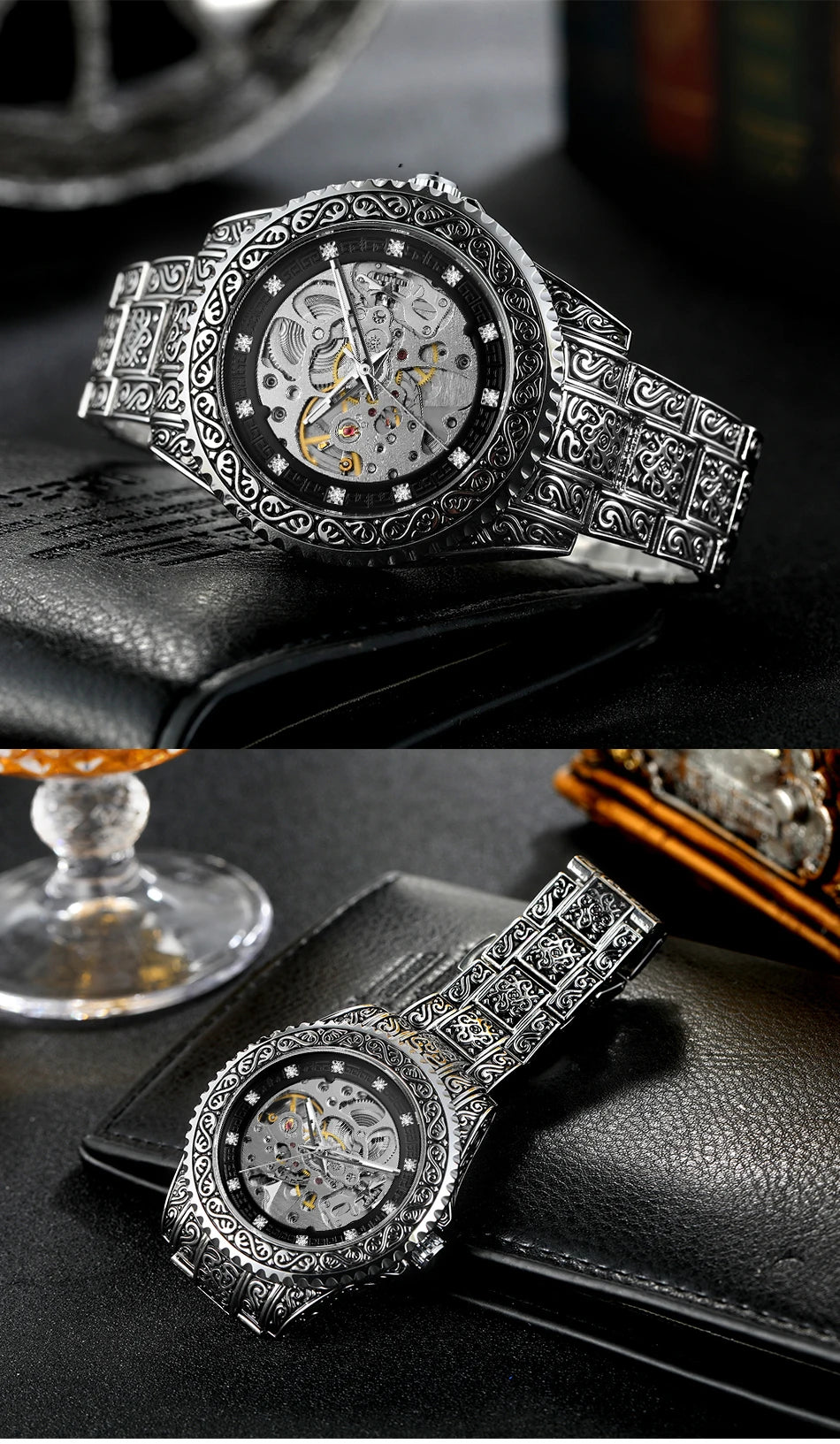 Excellence Luxury Men Automatic Mechanical Wristwatch Waterproof Stainless Steel 3D Diamond Watch Golden Men's watch Vintage