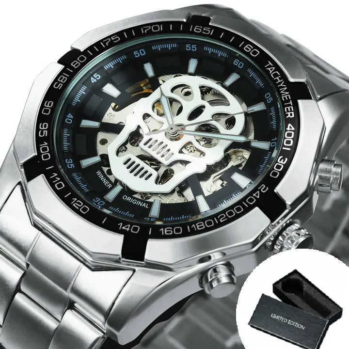 Excellence Classic Military Automatic Watch for Men Luminous Dial Sports Skull Skeleton Mechanical Watches Luxury Steel Band Clock