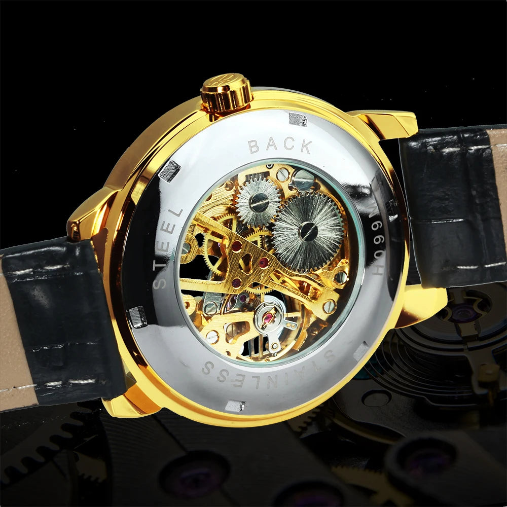 Excellence Classic Retro Skeleton Mechanical Watch for Men Luminous Hands Top Brand Luxury Men's Watches Leather Strap Clock 2024