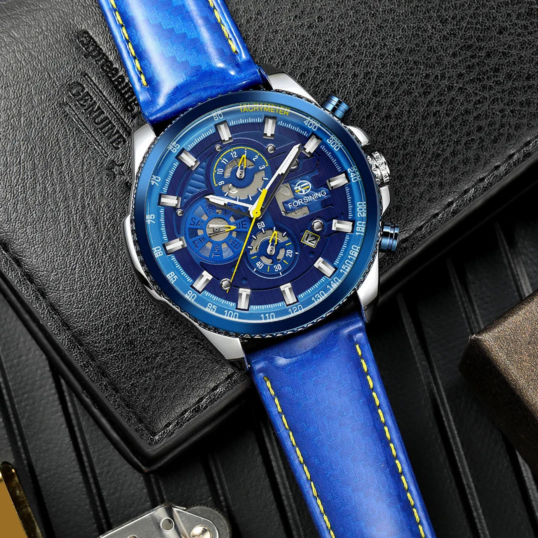 Excellence Original Waterproof Luminous Big Blue Dial Mechanical Watches Luxury Men Watch Multifunctional Automatic Date Leather Wrist