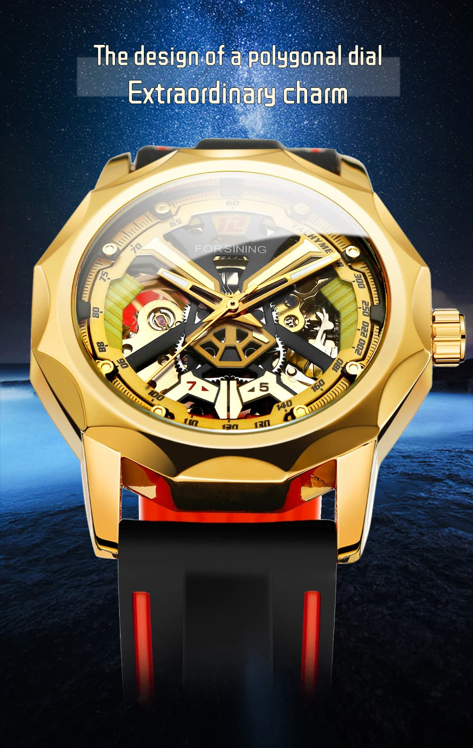 Excellence  Design Fashion Polygon Transparent Skeleton Rubber Band Men Mechanical Watch Luxury Montre Homme men