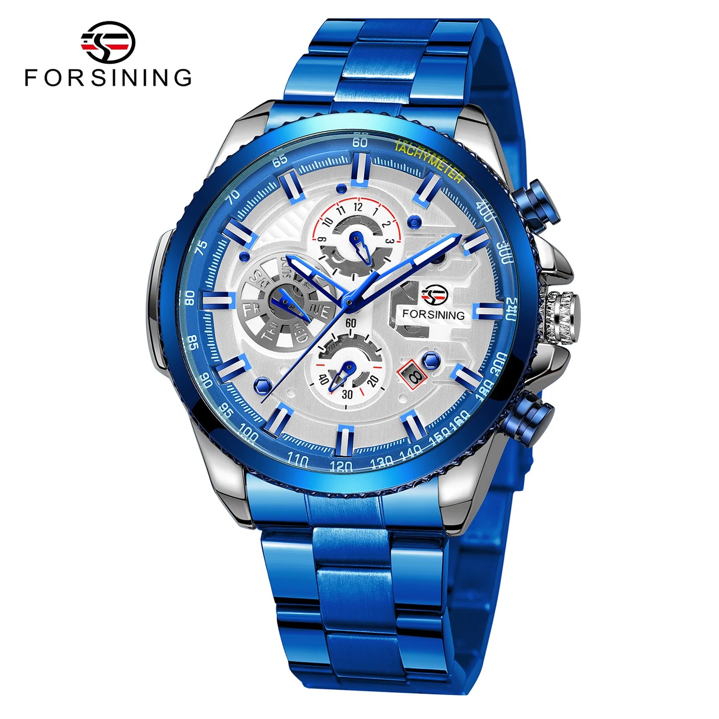 Excellence Sport Waterproof Luminous Blue Big Mechanical Watches Luxury Stainless Steel Men Watch Multifunctional Automatic Date Wristwatch