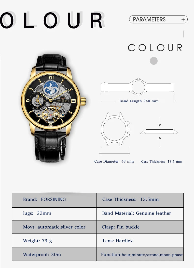 Excellence High Quality Multiple Time Zon Moonphase Automatic Watch Fashion Luxury Skeleton Mechanical Watches Men's Wristwatch Leather Belt