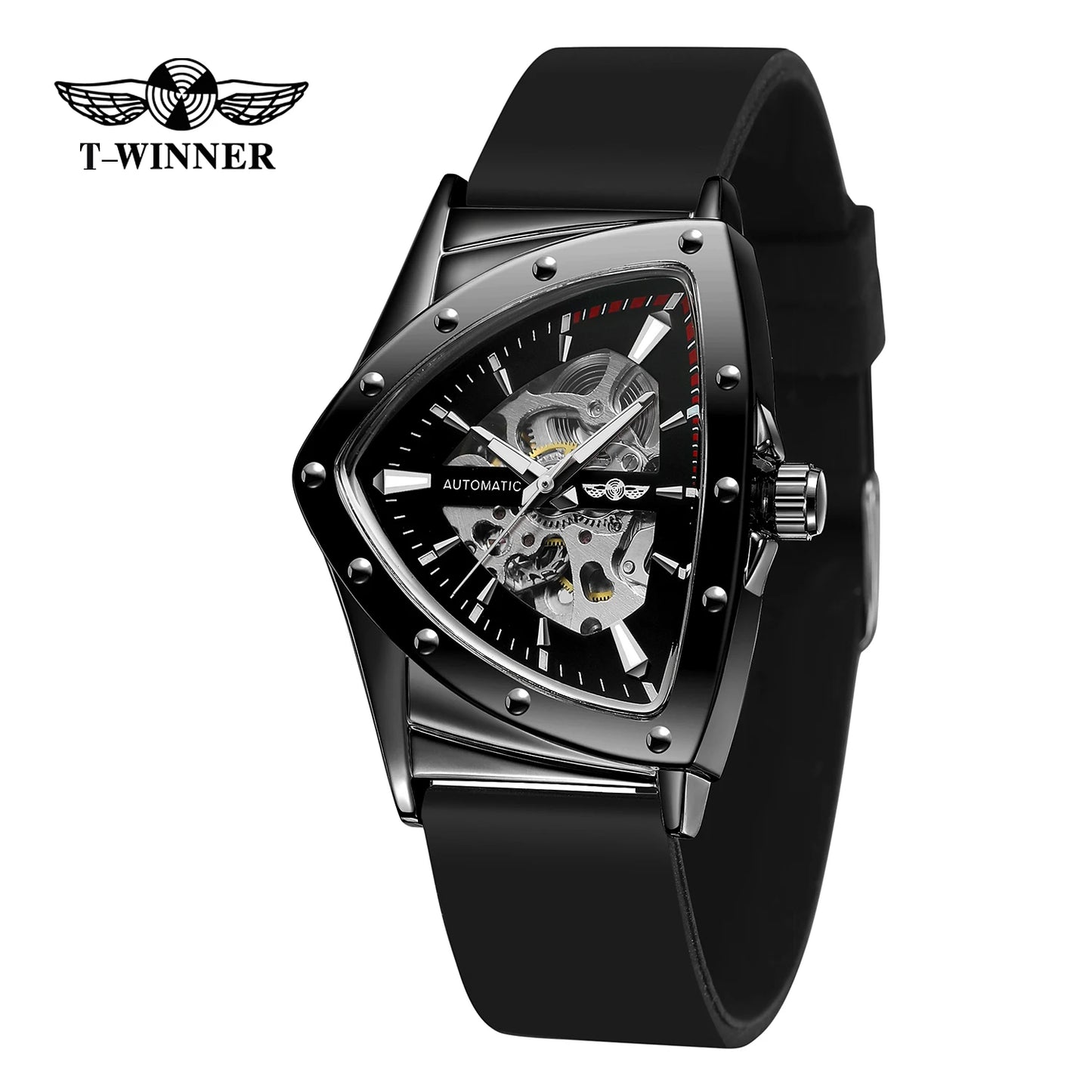 Excellence Military Triangle Skeleton Automatic Watch for Men Gold Sports Mechanical Watches Luxury Rubber strap Luminous