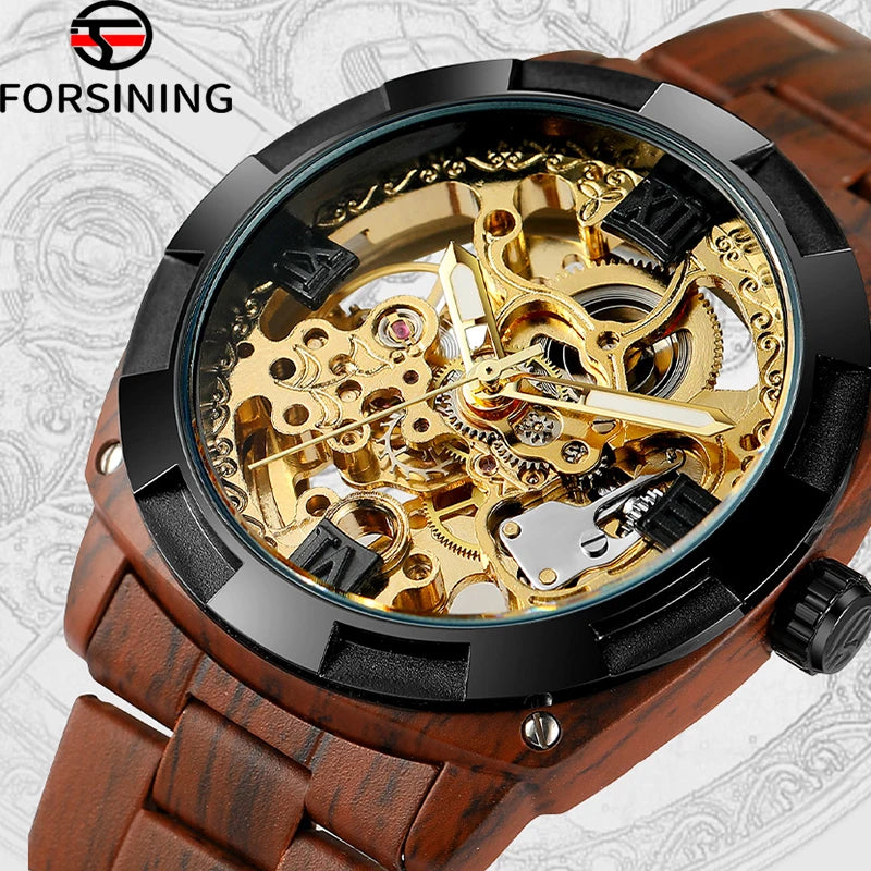 Excellence Skeleton Wristwatches Coffee Imitation Wood Grain Stainless Steel Strip Transparent Automatic Mechanical Watches Men