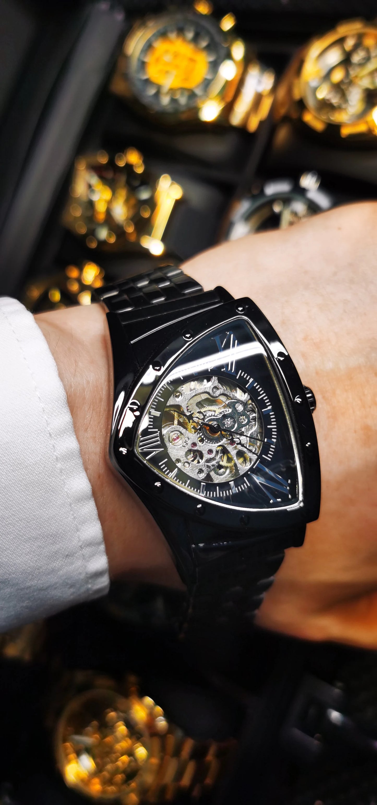 Excellence Military Triangle Skeleton Automatic Watch for Men Luxury Brand Stainless Steel Strap Fashion Sports Mechanical Watch