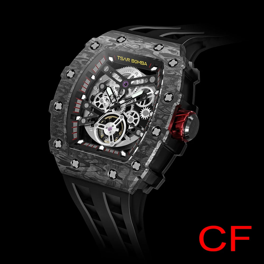 Carbon Fiber Bezel TSAR BOMBA 2022 Luxury Mens Automatic Watch Waterproof Clock Fashion Skeleton Mechanical Wrist Watch for Men