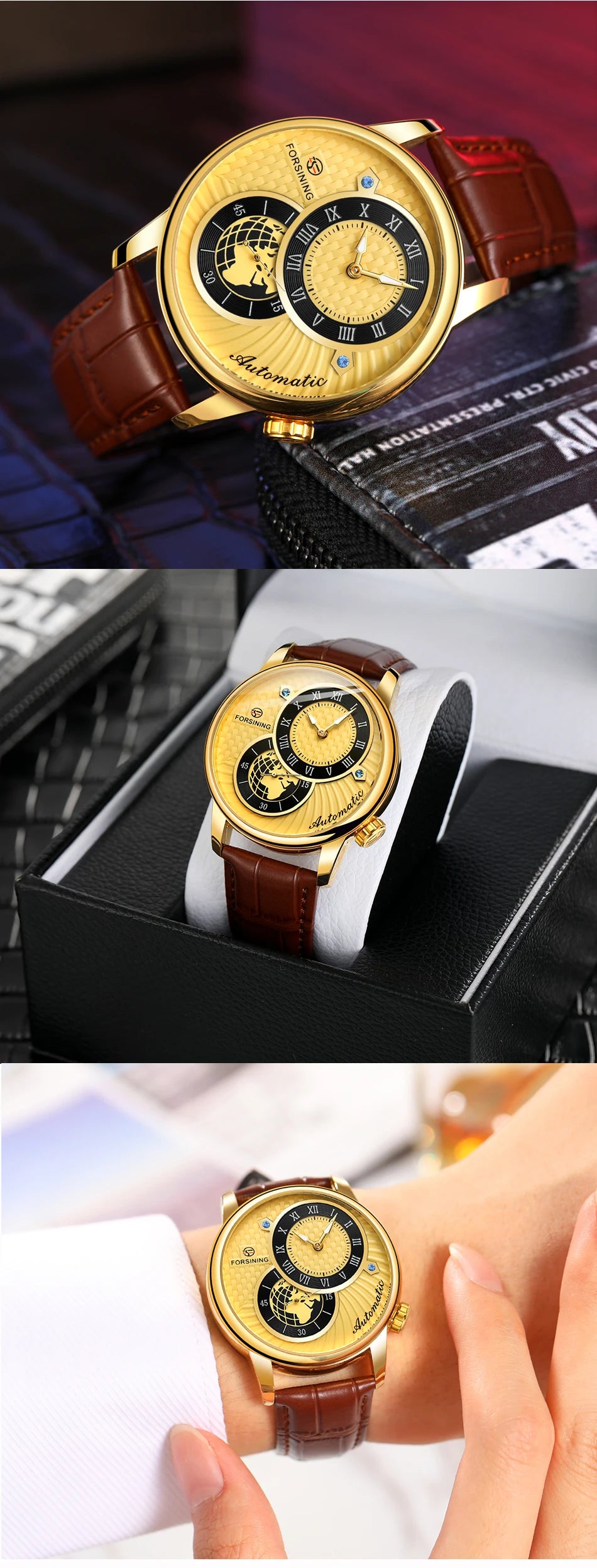 Excellence Earth Image Two Dial Automatic Self-Wind Mechanical Watch Fashion Men watch Waterproof Mesh strap