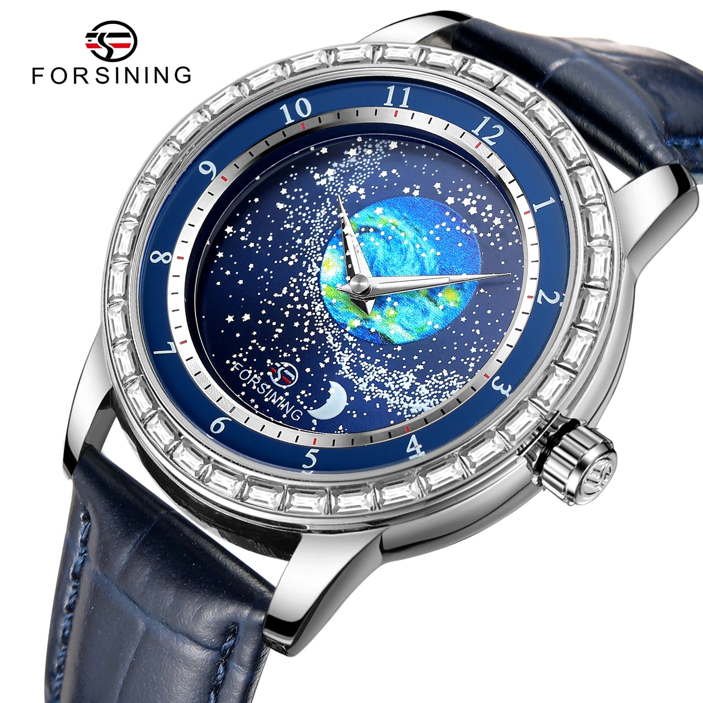 Excellence Design Earth Star Moon Set With Diamonds Genuine Belt Men Mechanical Automatic Watch Waterproof For Business