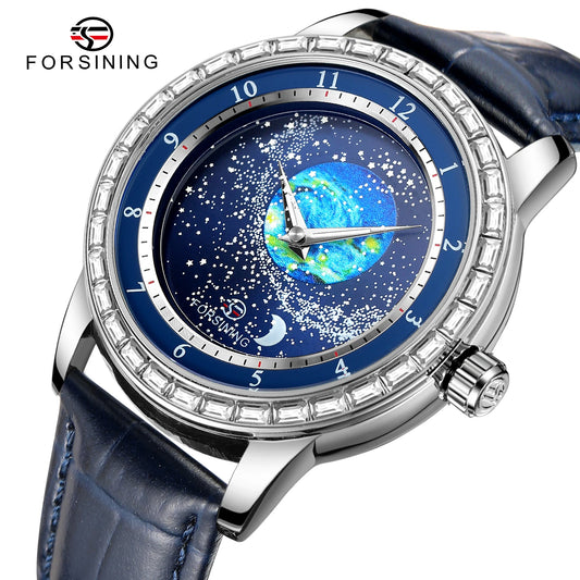 Excellence Design Earth Star Moon Set With Diamonds Genuine Belt Men Mechanical Automatic Watch Waterproof For Business