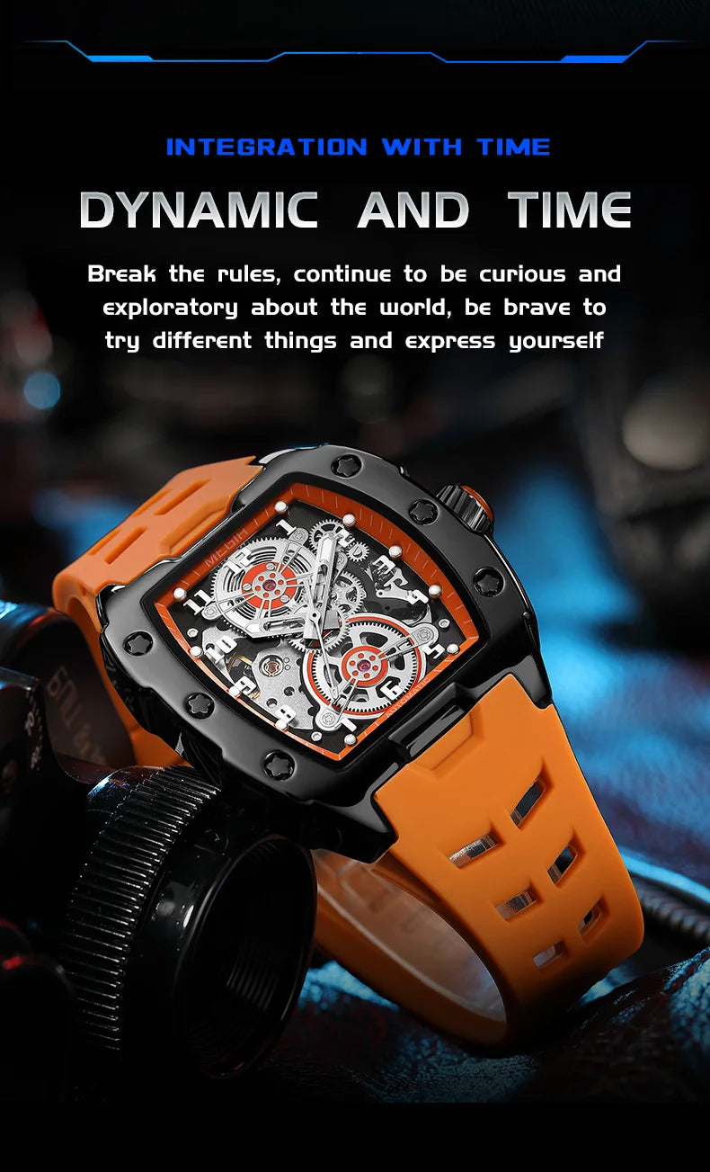 Excellence Sport Automatic Watch Men Waterproof White Silicone Strap Mechanical Wristwatch with Tonneau Hollowed-out Dial