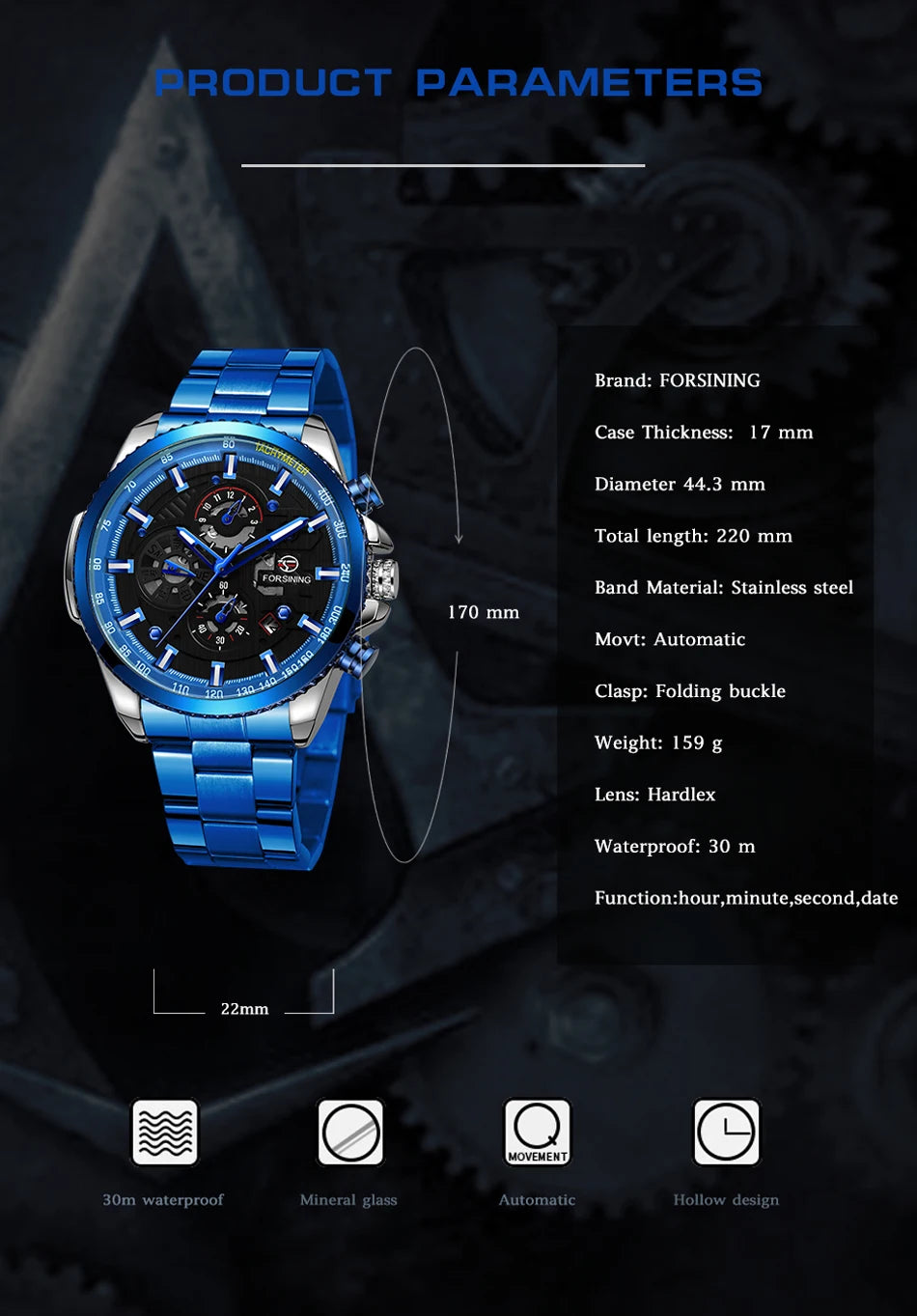 Excellence Sport Waterproof Luminous Blue Big Mechanical Watches Luxury Stainless Steel Men Watch Multifunctional Automatic Date Wristwatch