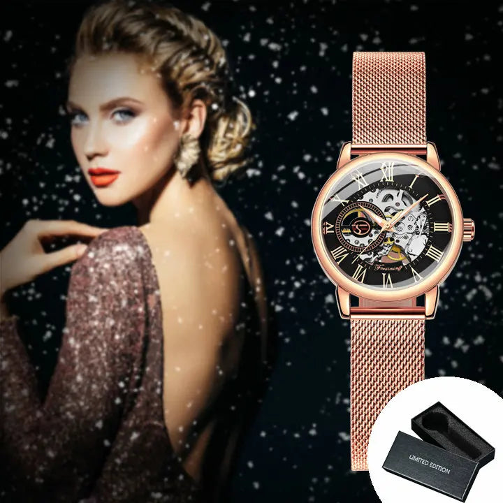 Excellence Rose Gold Skeleton Mechanical Watch for Women Fashion Luminous Hands Elegant Luxury Ladies Watches Mesh Steel Strap