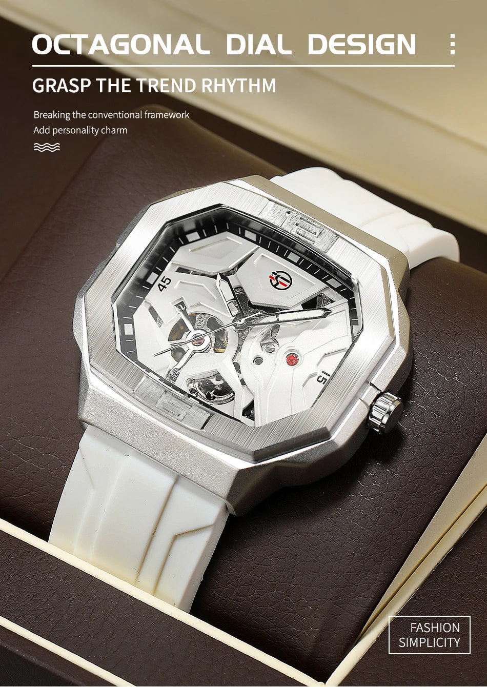 Excellence  Square Skeleton Mechanical Genuine Men Watch Automatic Movement Clock White Sports Waterproof Luxury Male Watches