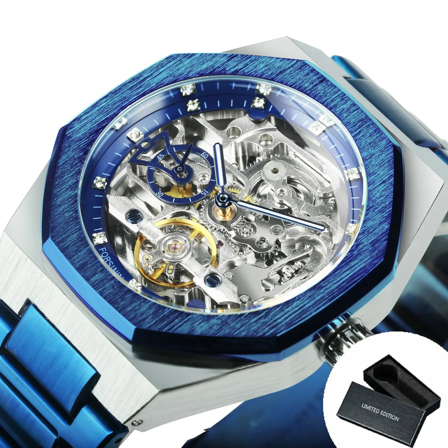 Excellence Silver Automatic Watch Men 3D Diamond Dial Irregular Tourbillon Skeleton Mechanical Wristwatches Luminous Hands