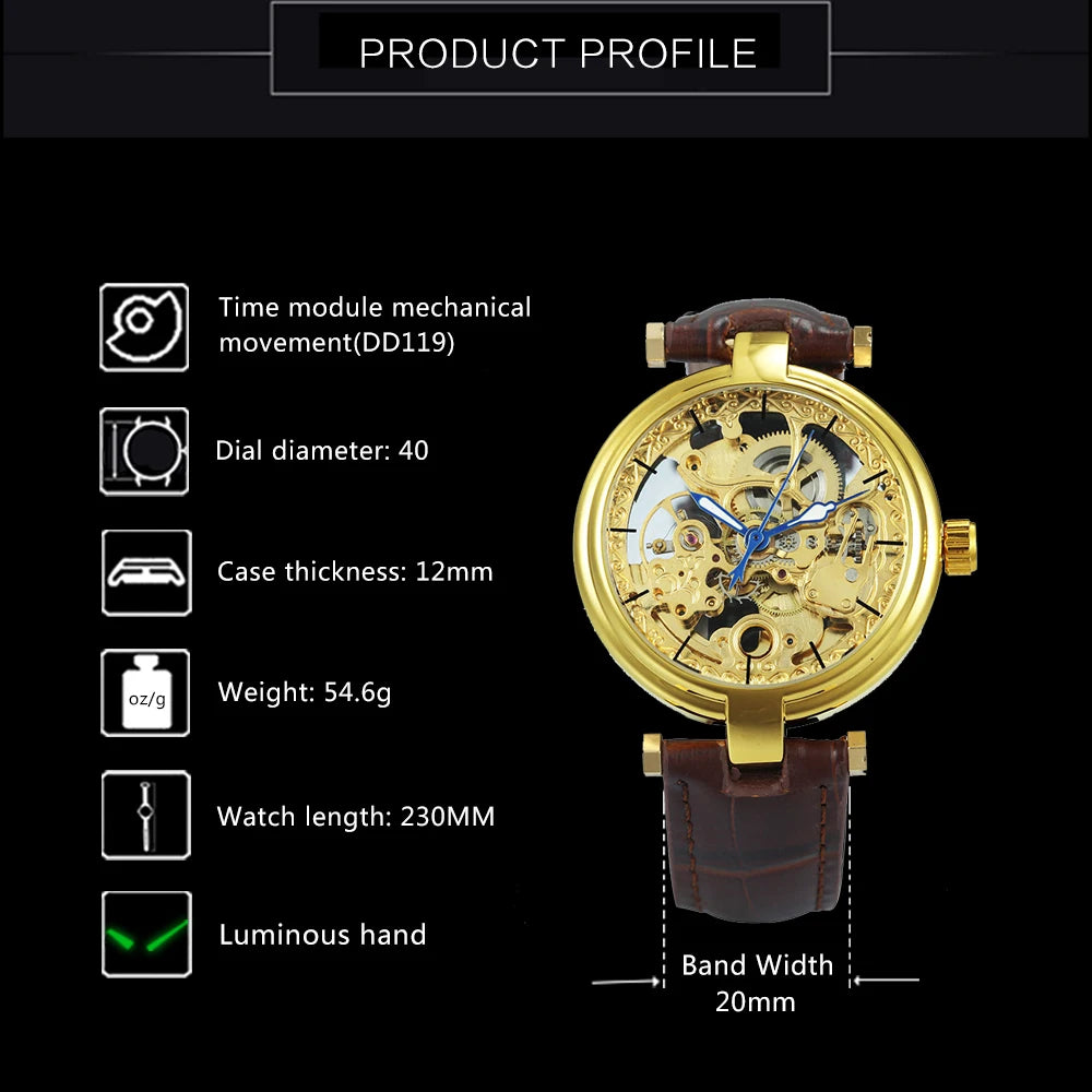 Excellence Fashion Luxury Skeleton Automatic Watch for Women Luminous Hands Elegant Gold Mechanical Ladies Watches Leather Strap